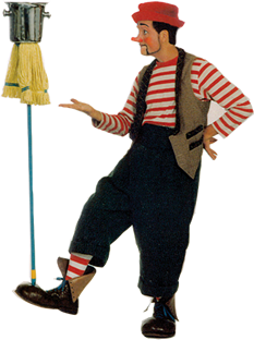 Bonzo Crunch balancing a pail atop a mop which is balanced on his foot.